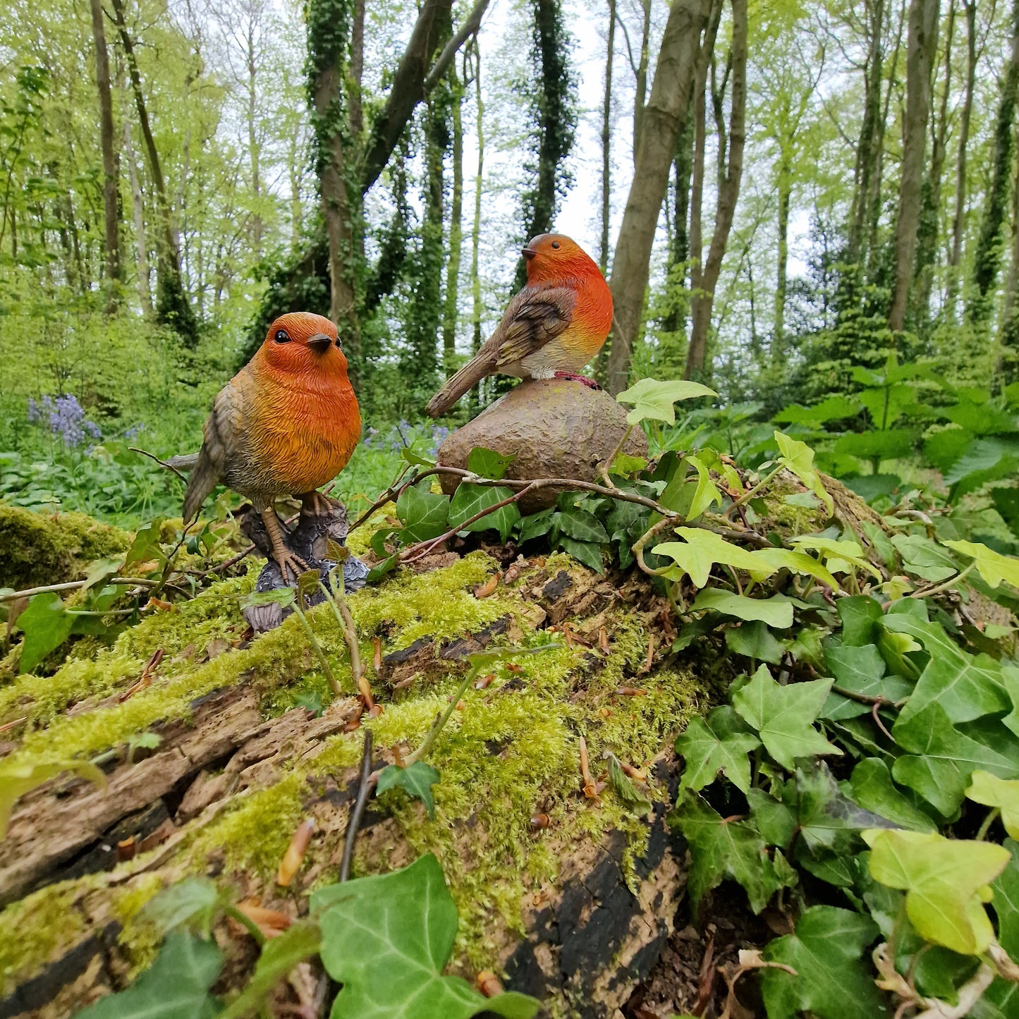 Robin on a Stone & Stump Resin Garden Ornaments (Set of 2)