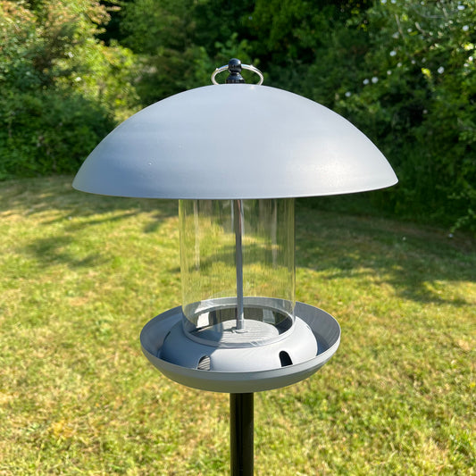 Free Standing Pole Mounted Metal Bird Seed Feeder Table with Dome Roof