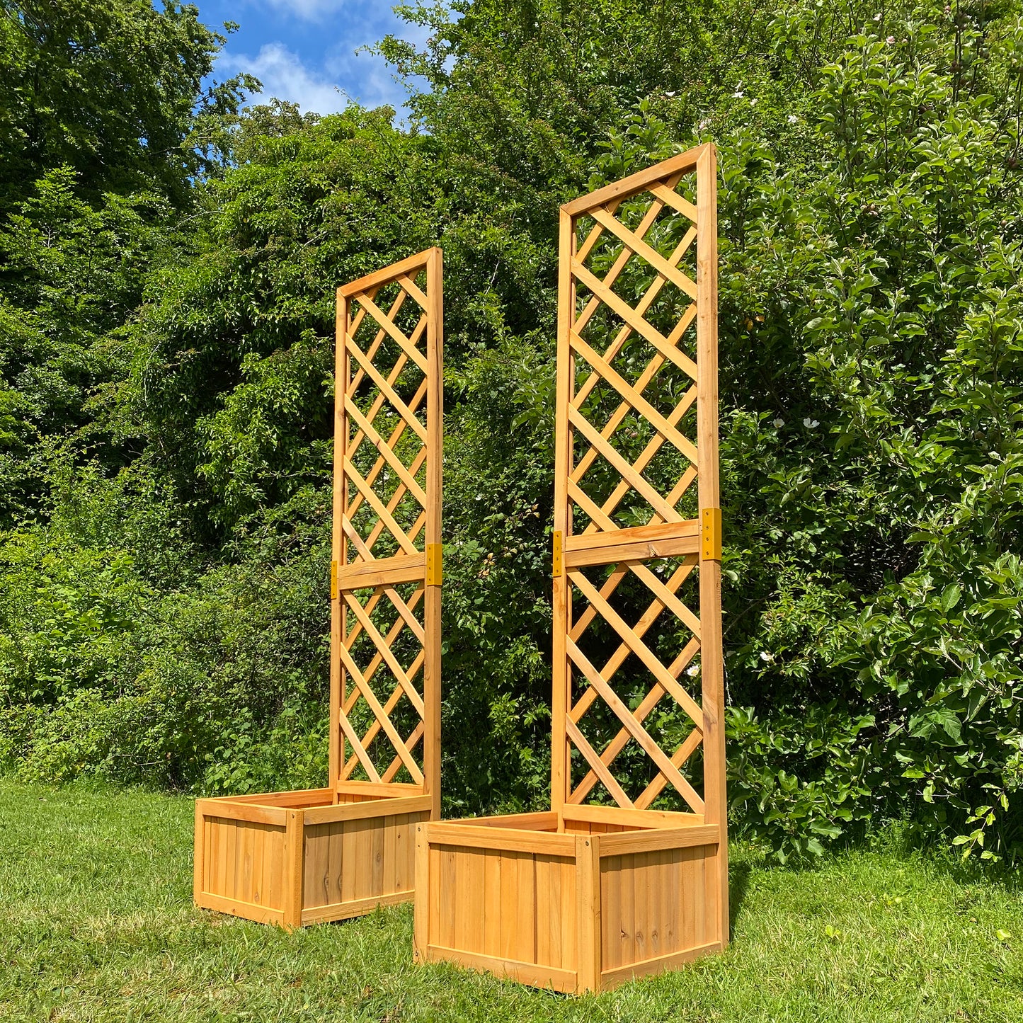 Two wooden garden planters with trellises placed against a natural background with greenery.