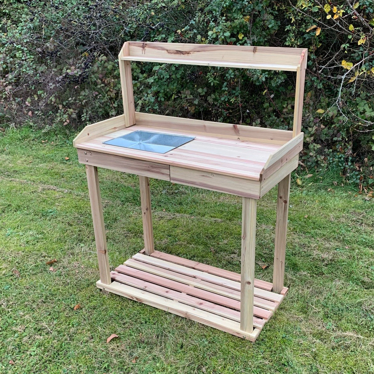 Wooden Potting Table with Drawer, Two Storage Shelves and Zinc Soil Holding Pan