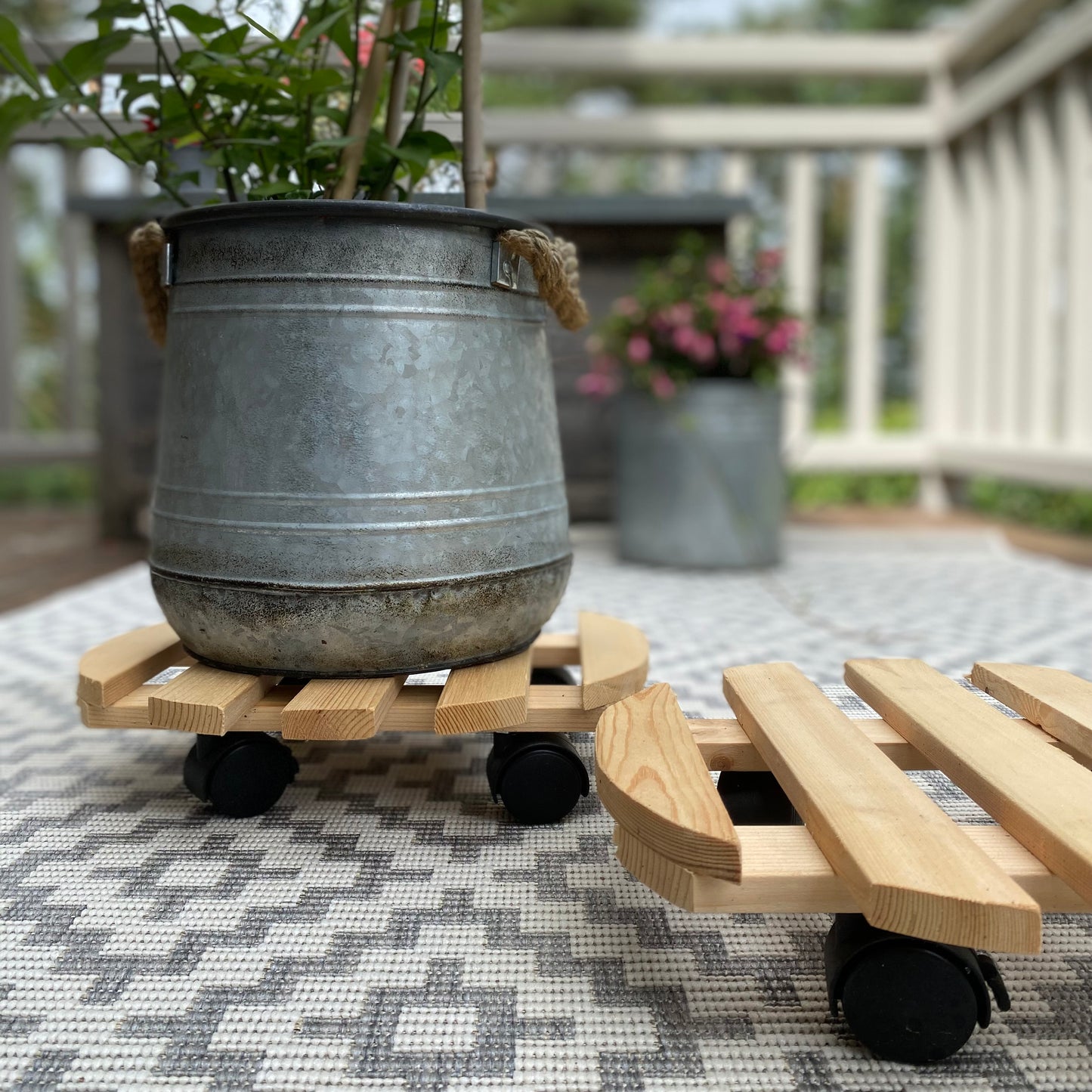 Set of 2 Round Wooden Plant Pot Trolley Movers (30cm)