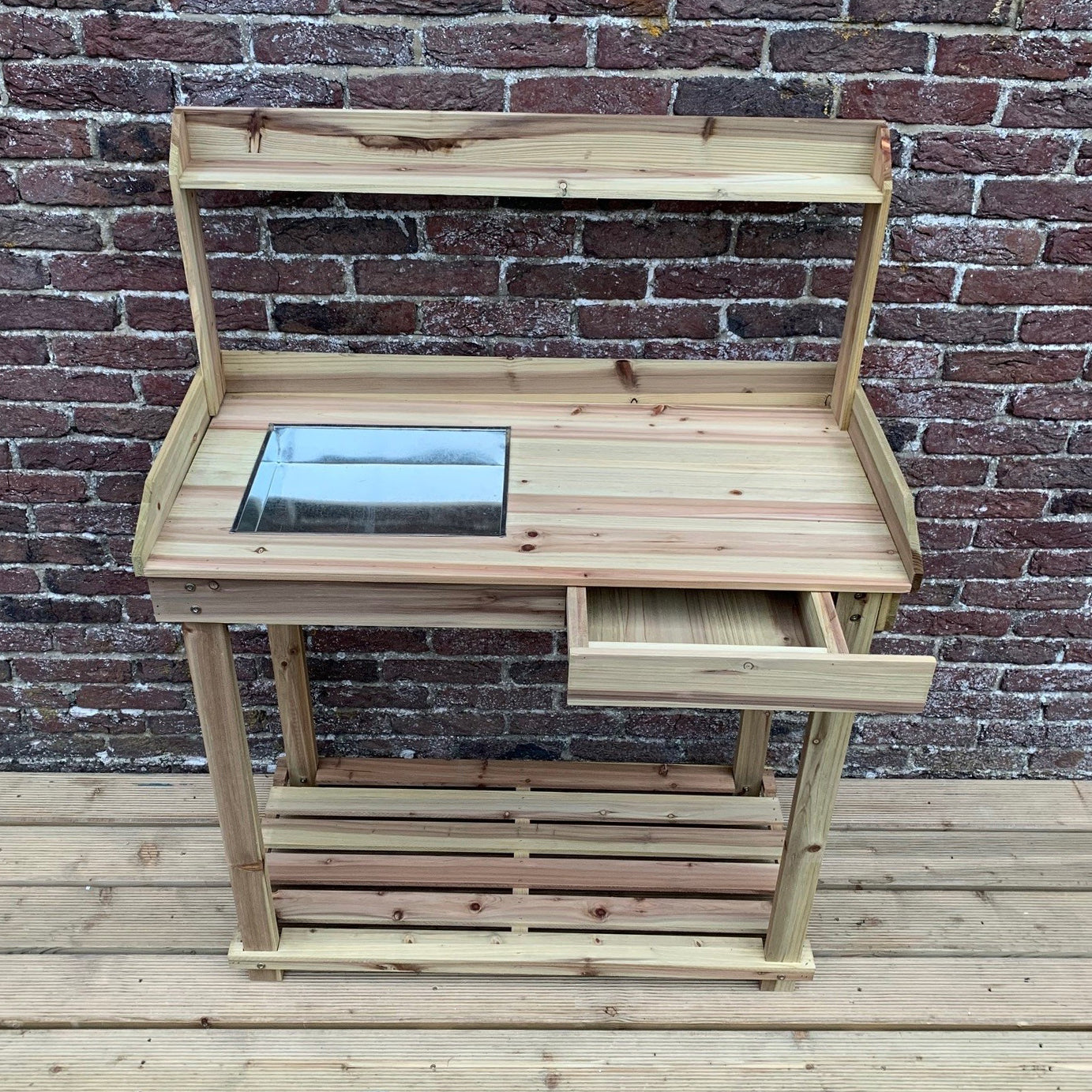 Wooden Potting Table with Drawer, Two Storage Shelves and Zinc Soil Holding Pan