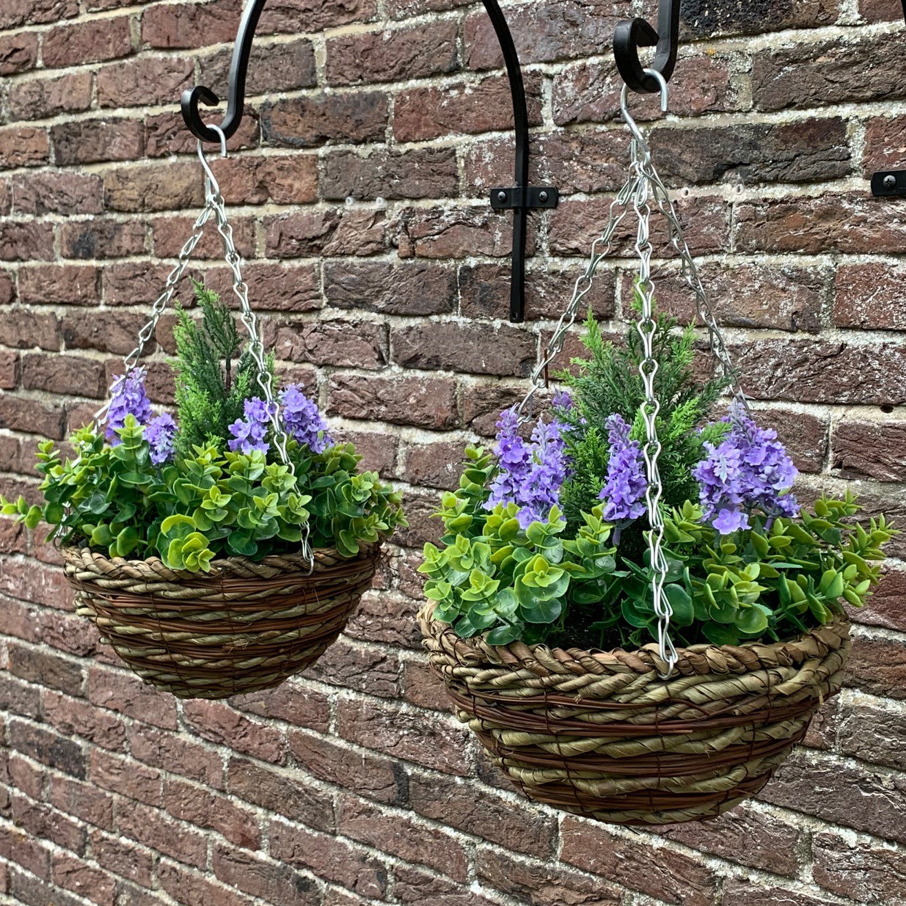 Set of 2 x Artificial Lavender & Eucalyptus Topiary Hanging Baskets (25cm)