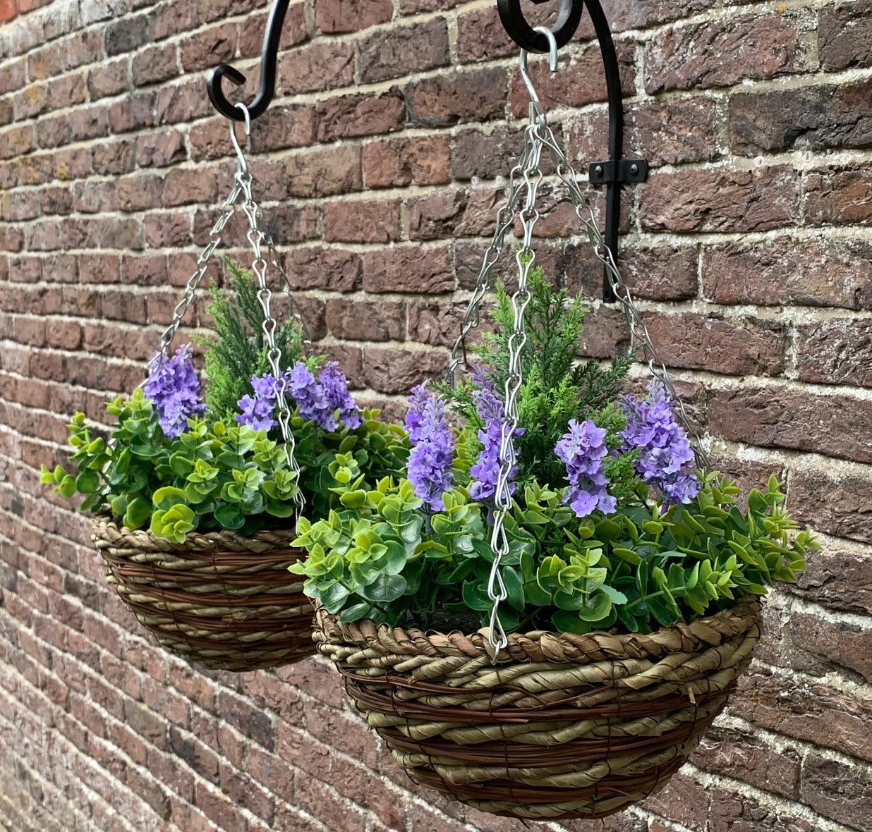 Set of 2 x Artificial Lavender & Eucalyptus Topiary Hanging Baskets (25cm)