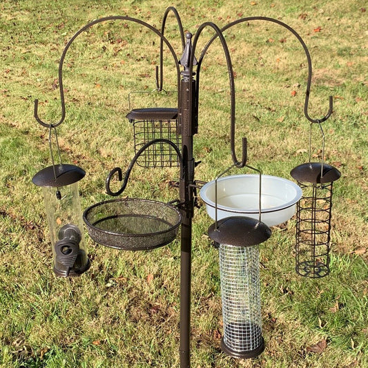 A metal bird feeding station with multiple feeders, a water dish, and a mealworm tray, set on a grassy surface.