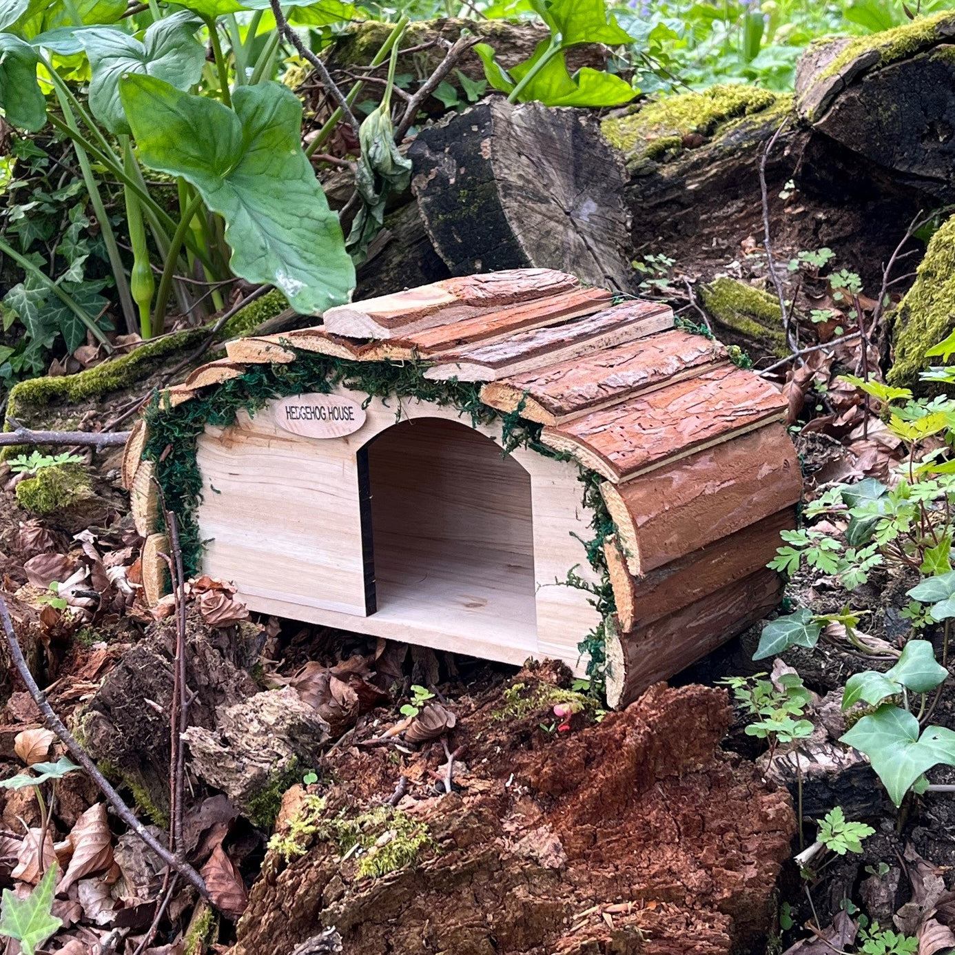 Wooden Hedgehog House Hogitat With Bark Roof (Set of 2)