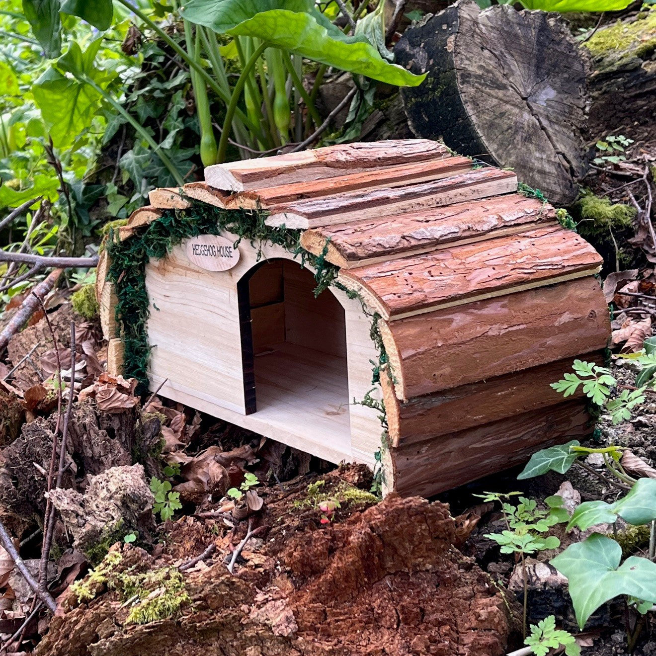 Wooden Hedgehog House Hogitat With Bark Roof (Set of 2)