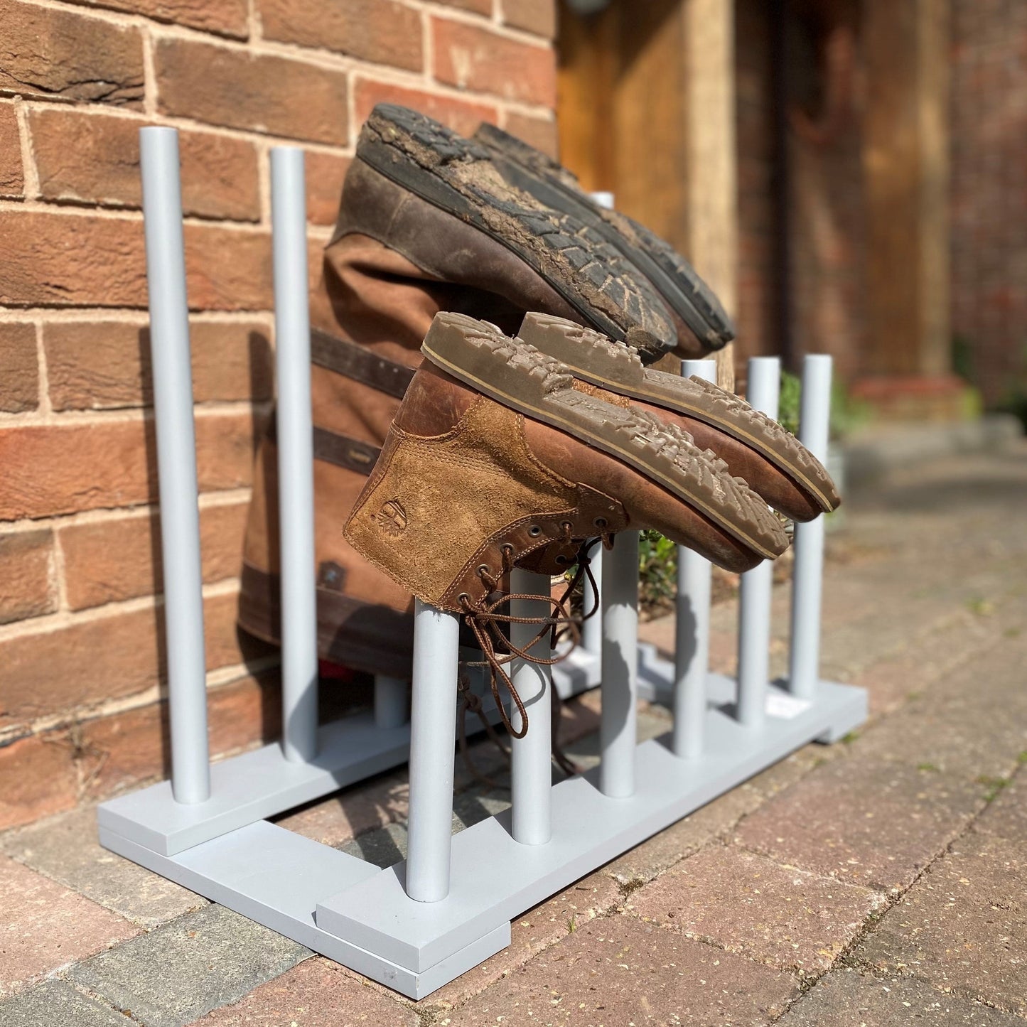 Wooden Welly Boot Rack Stand Holder Organiser in Light Grey (6 Pairs)
