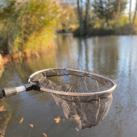 A telescopic pond net with a long handle resting on a pond, with a blurred natural background.