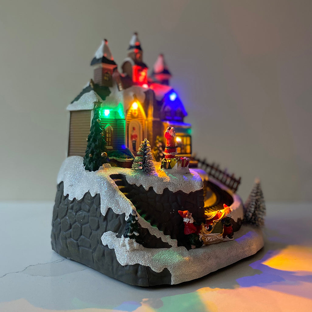 Santa Christmas Scene Ornament with Lights Moving Train and Sound