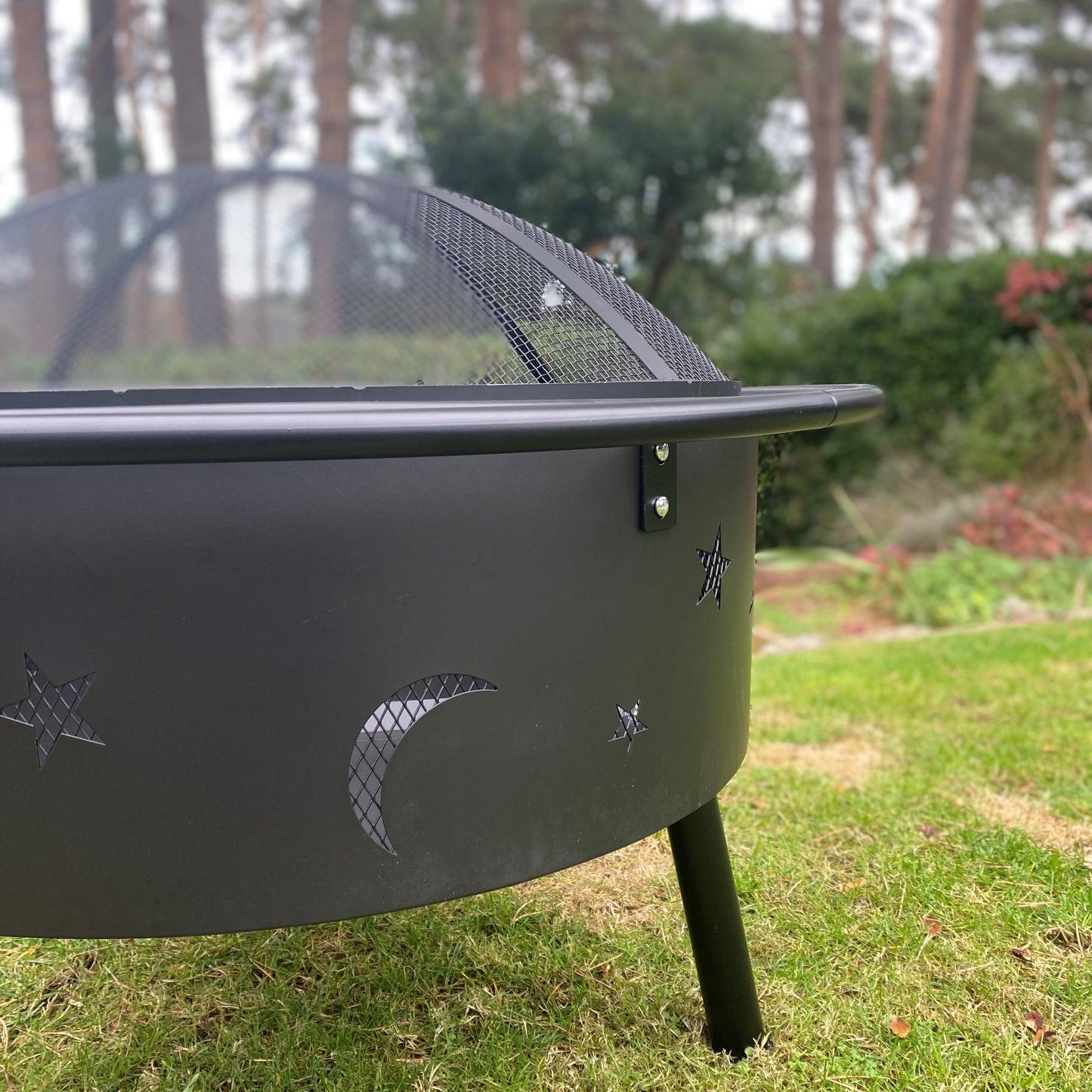 Star and Moon Design Metal Fire Pit with Grill, Safety Guard and Poker