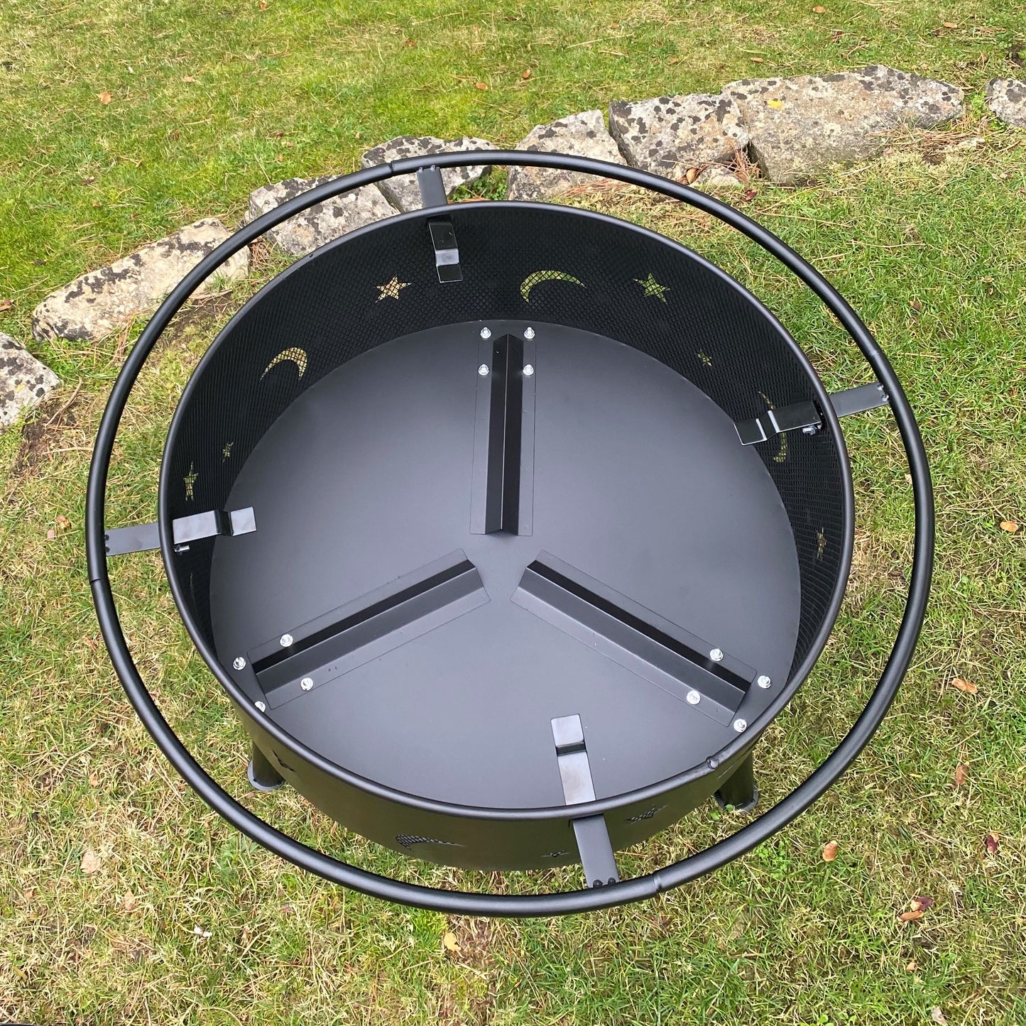 Star and Moon Design Metal Fire Pit with Grill, Safety Guard and Poker
