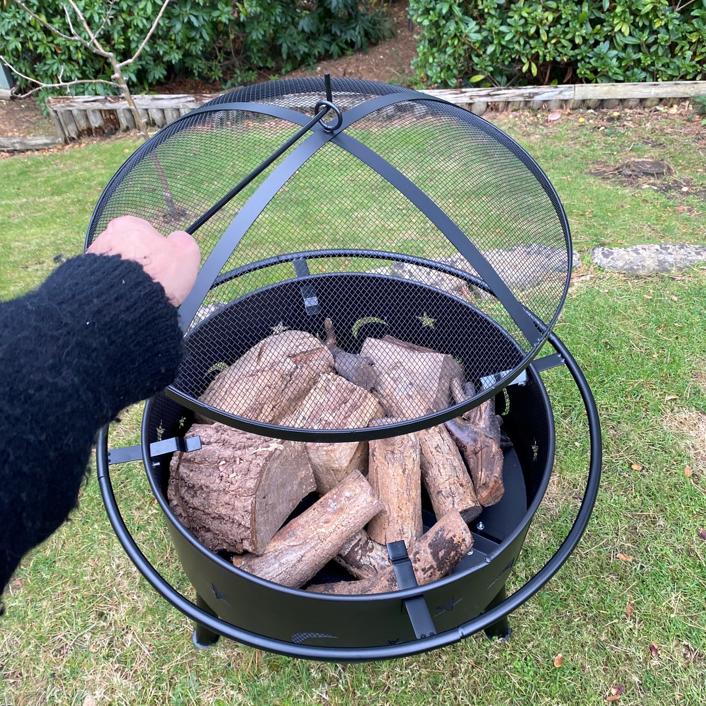 Star and Moon Design Metal Fire Pit with Grill, Safety Guard and Poker