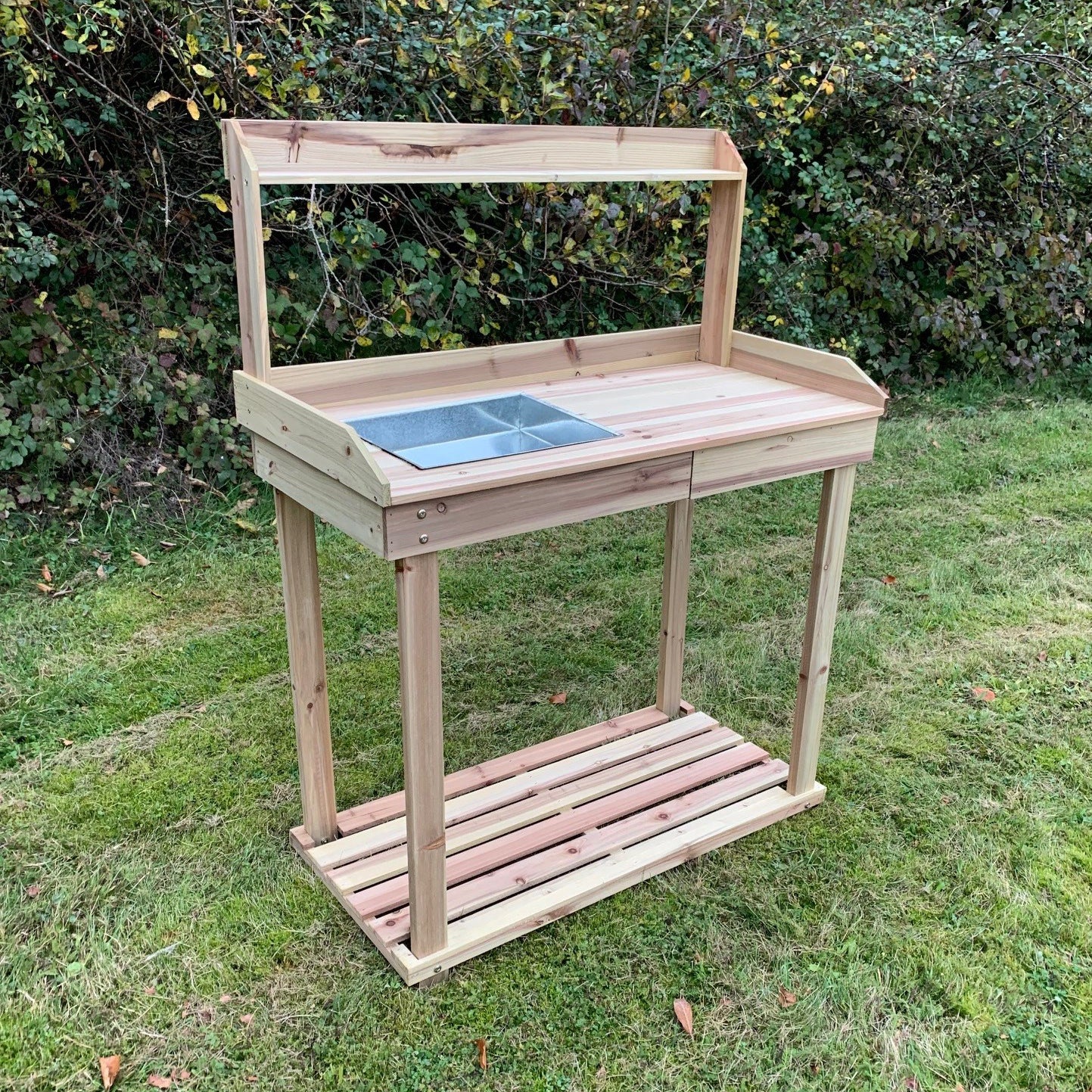Wooden Potting Table with Drawer, Two Storage Shelves and Zinc Soil Holding Pan