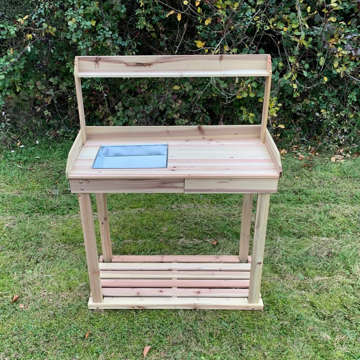 Wooden Potting Table with Drawer, Two Storage Shelves and Zinc Soil Holding Pan