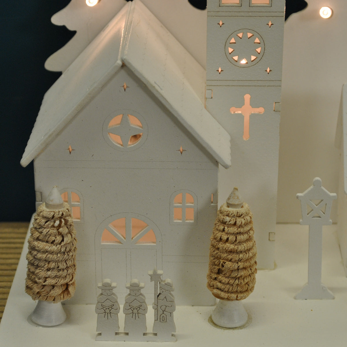 Christmas Village Alpine Scene White Wooden Ornament with LEDs