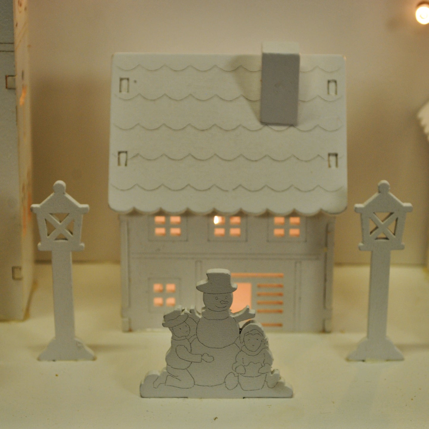 Christmas Village Alpine Scene White Wooden Ornament with LEDs