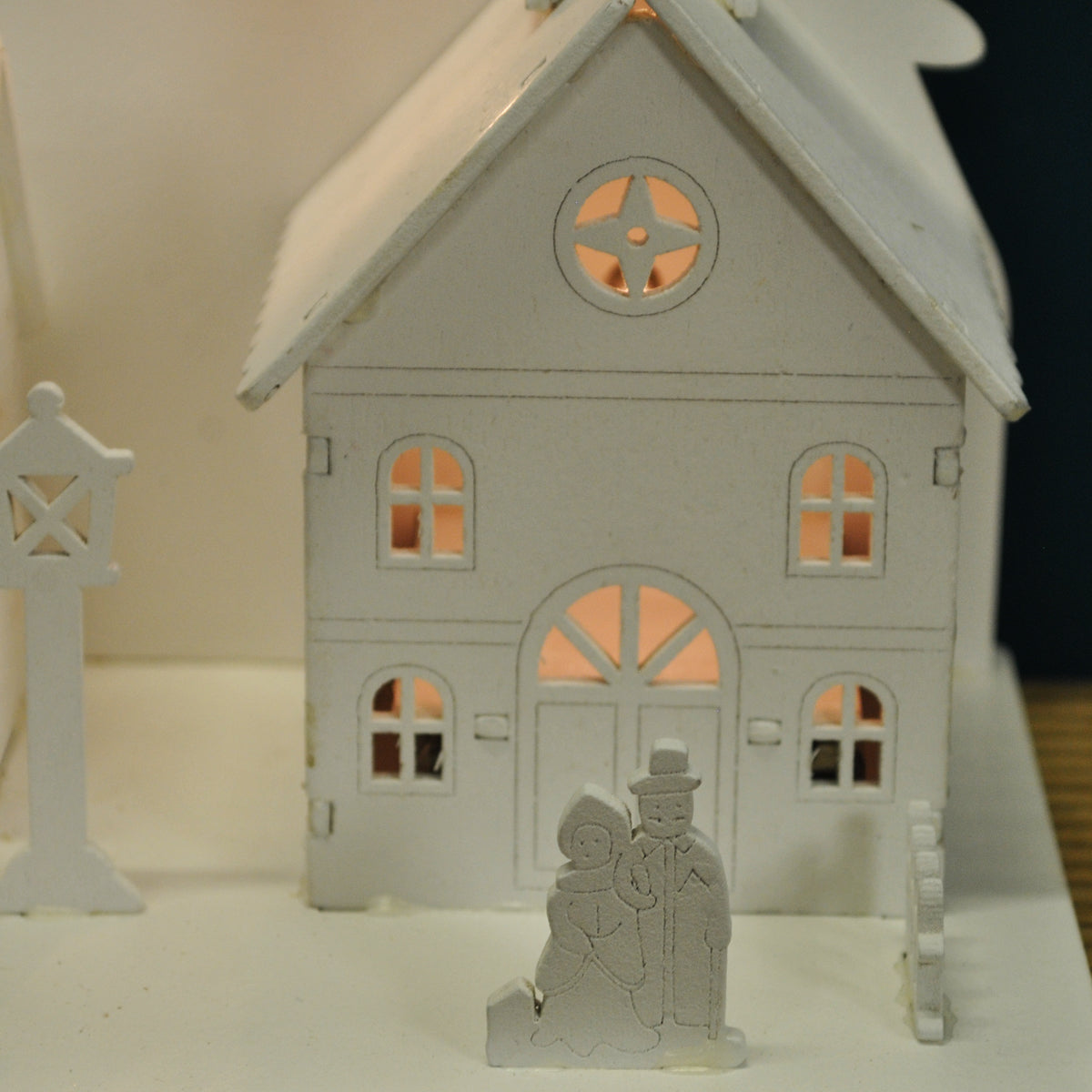 Christmas Village Alpine Scene White Wooden Ornament with LEDs