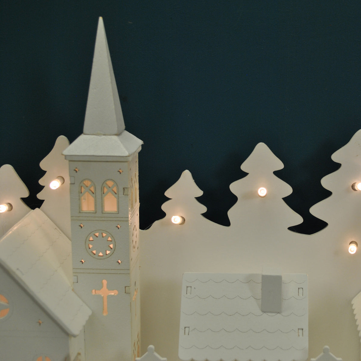 Christmas Village Alpine Scene White Wooden Ornament with LEDs
