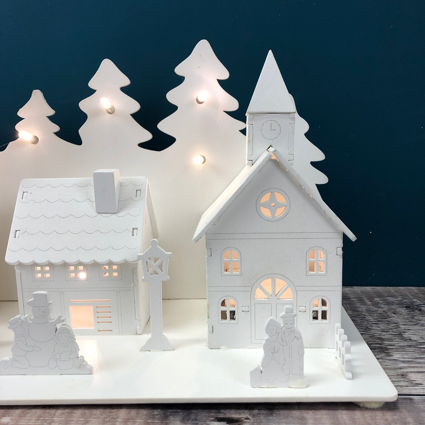 Christmas Village Alpine Scene White Wooden Ornament with LEDs