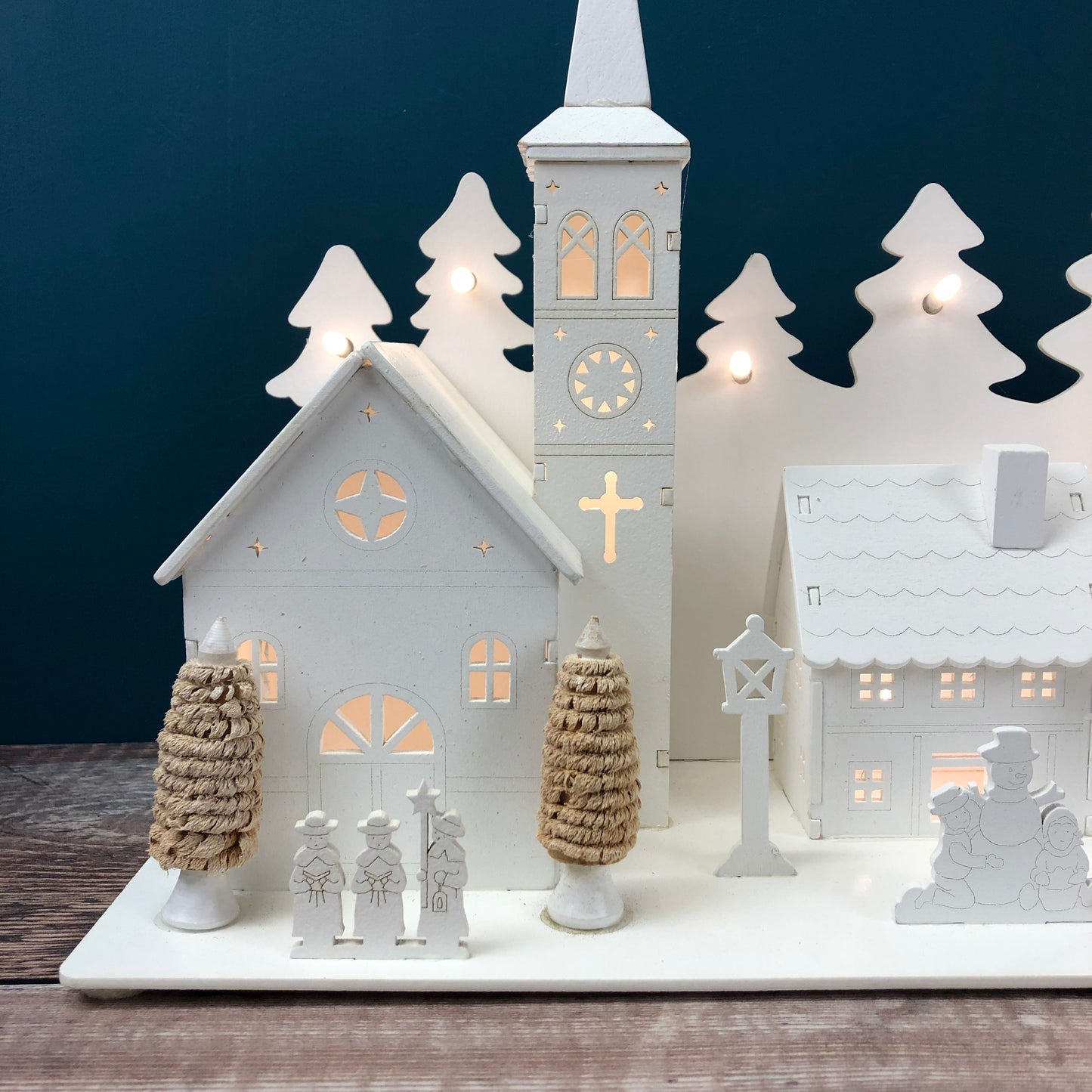 Christmas Village Alpine Scene White Wooden Ornament with LEDs