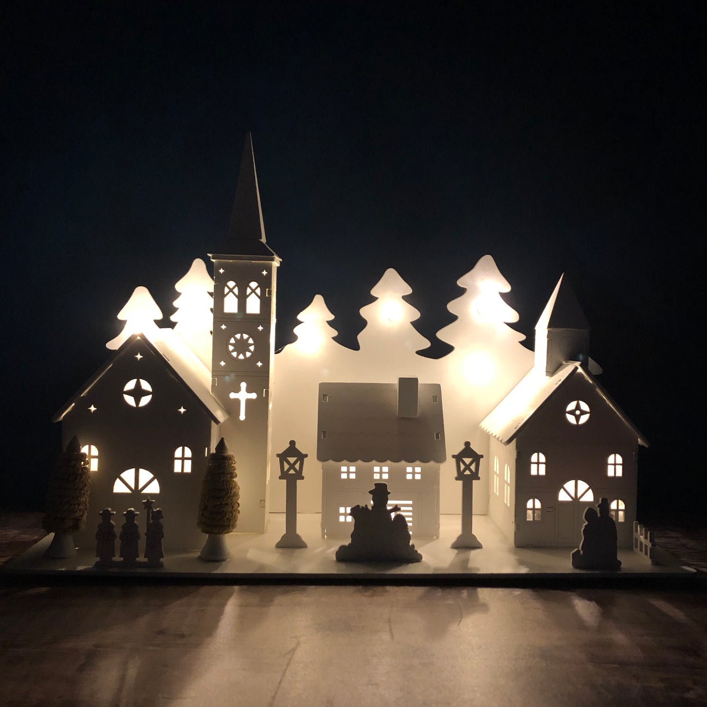 Christmas Village Alpine Scene White Wooden Ornament with LEDs