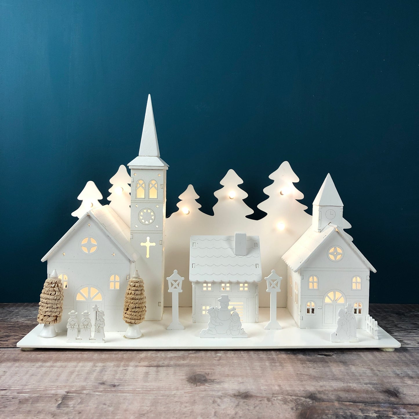 Christmas Village Alpine Scene White Wooden Ornament with LEDs