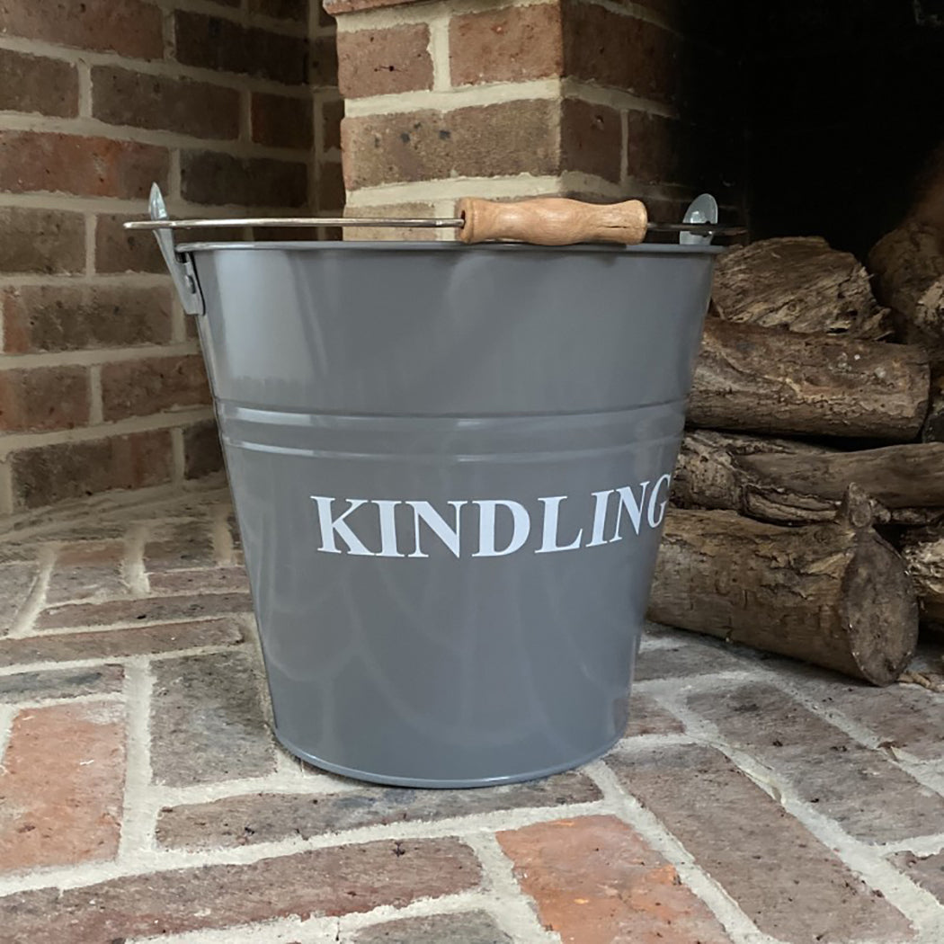 Large Metal Fireside Fireplace Kindling Bucket in French Grey