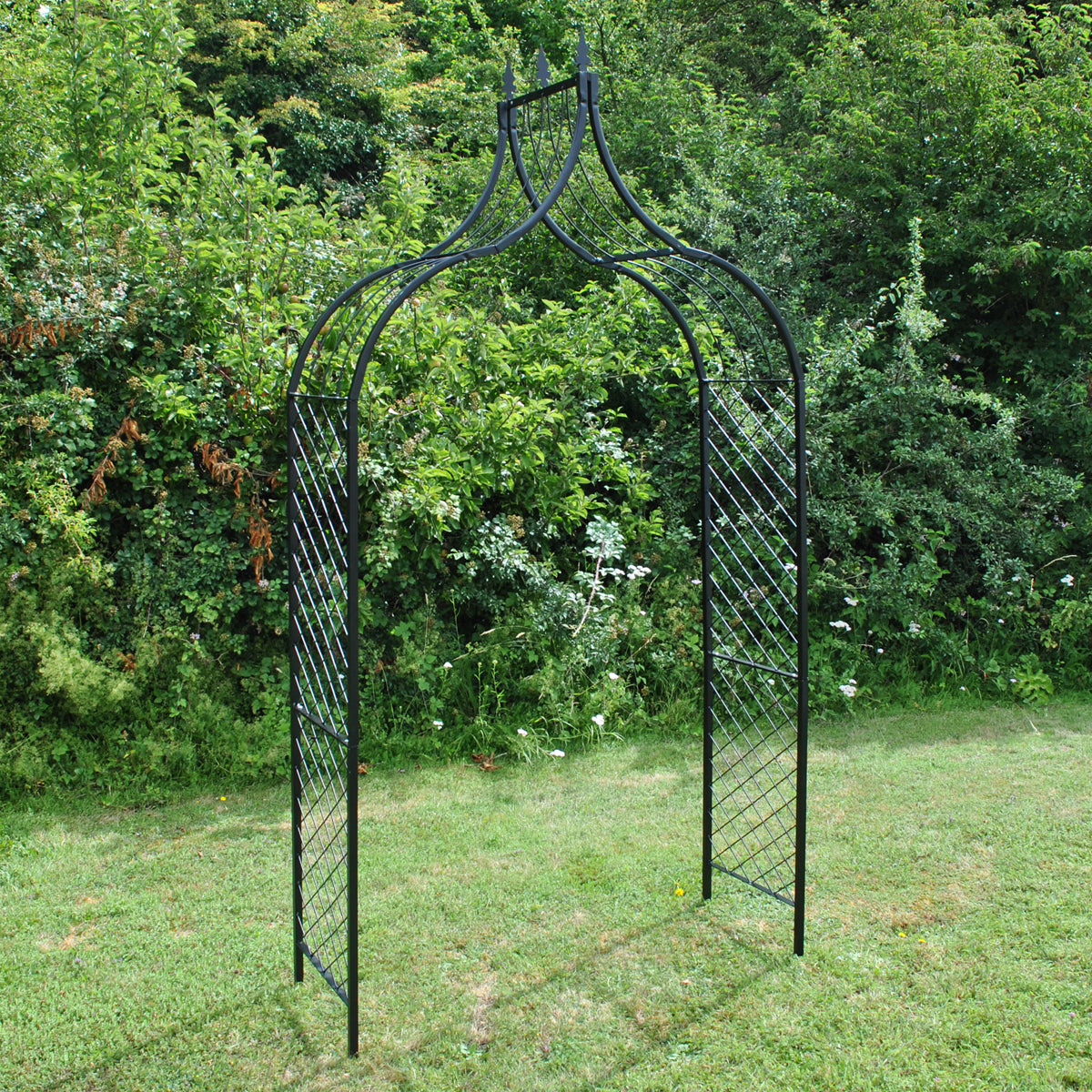 A black metal decorative garden arch with a trellis design and a fleur de lys style apex, standing on grass with shrubbery in the background.
