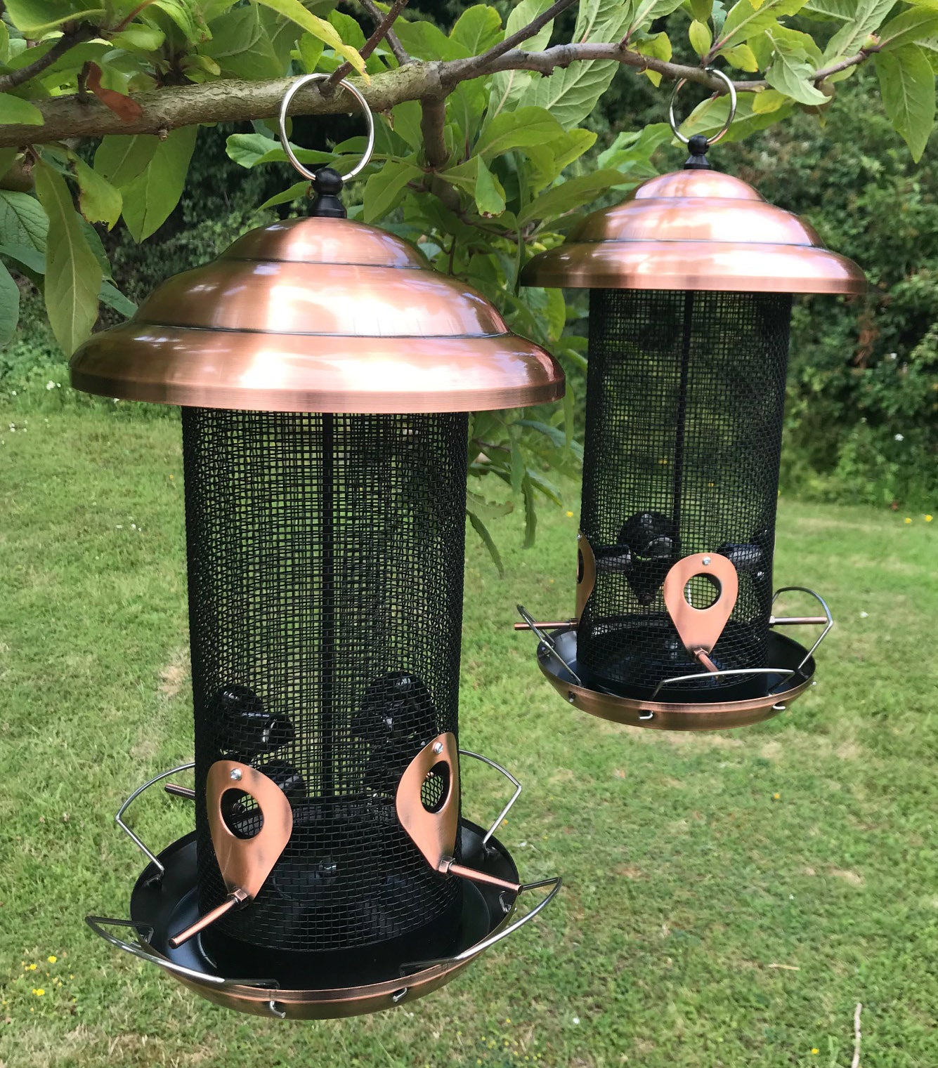 Copper Style Extra Large Hanging Metal Bird Seed Feeder with 4 Feeding Ports (Set of 2)