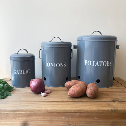 Set of 3  French Grey Kitchen Storage Tins for Potatoes, Onions and Garlic