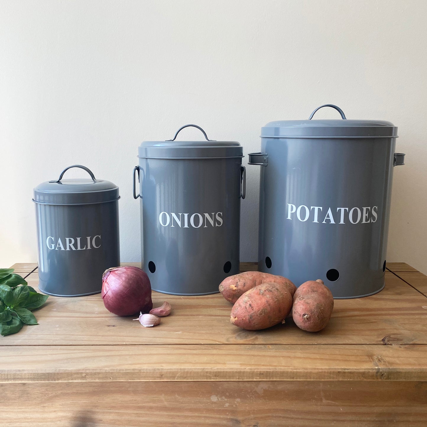 Set of 3 French Grey Kitchen Storage Tins for Potatoes, Onions and Garlic