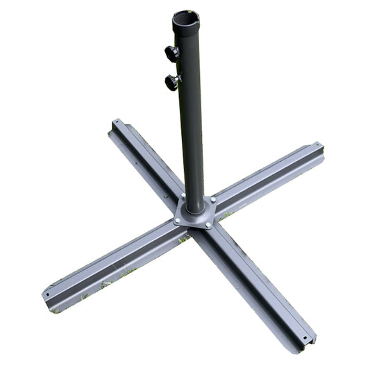 A heavy duty crossed base stand unit for a large cantilever parasol, in dark grey color, with fixings included.
