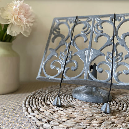 Cast Iron Floral Cookbook Stand in Grey