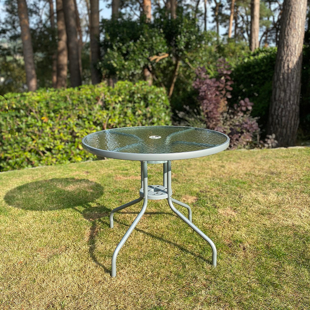 Round Metal Garden Table with Glass Top Seats 4 with Hole for Parasol