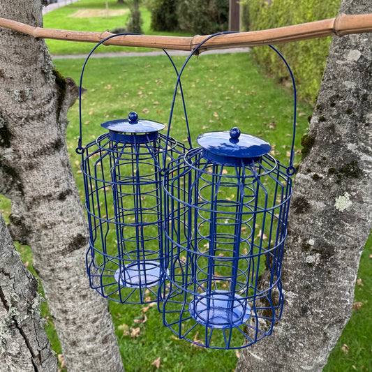 Two blue metal squirrel proof suet fatball bird feeders hanging from a tree, with an anti-squirrel cage and a large hook.