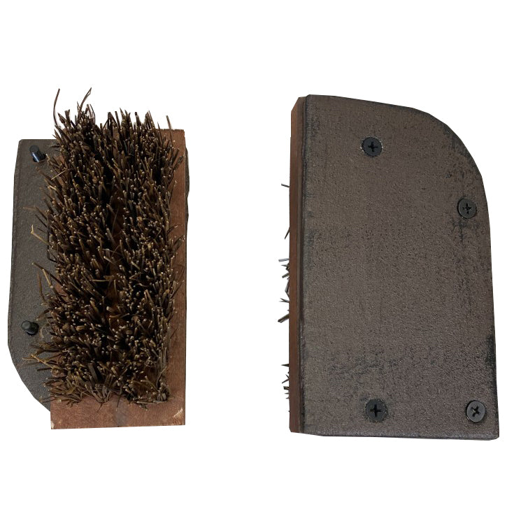 Replacement brushes for a boot scraper, including a side view and a front view of the brush attachment.