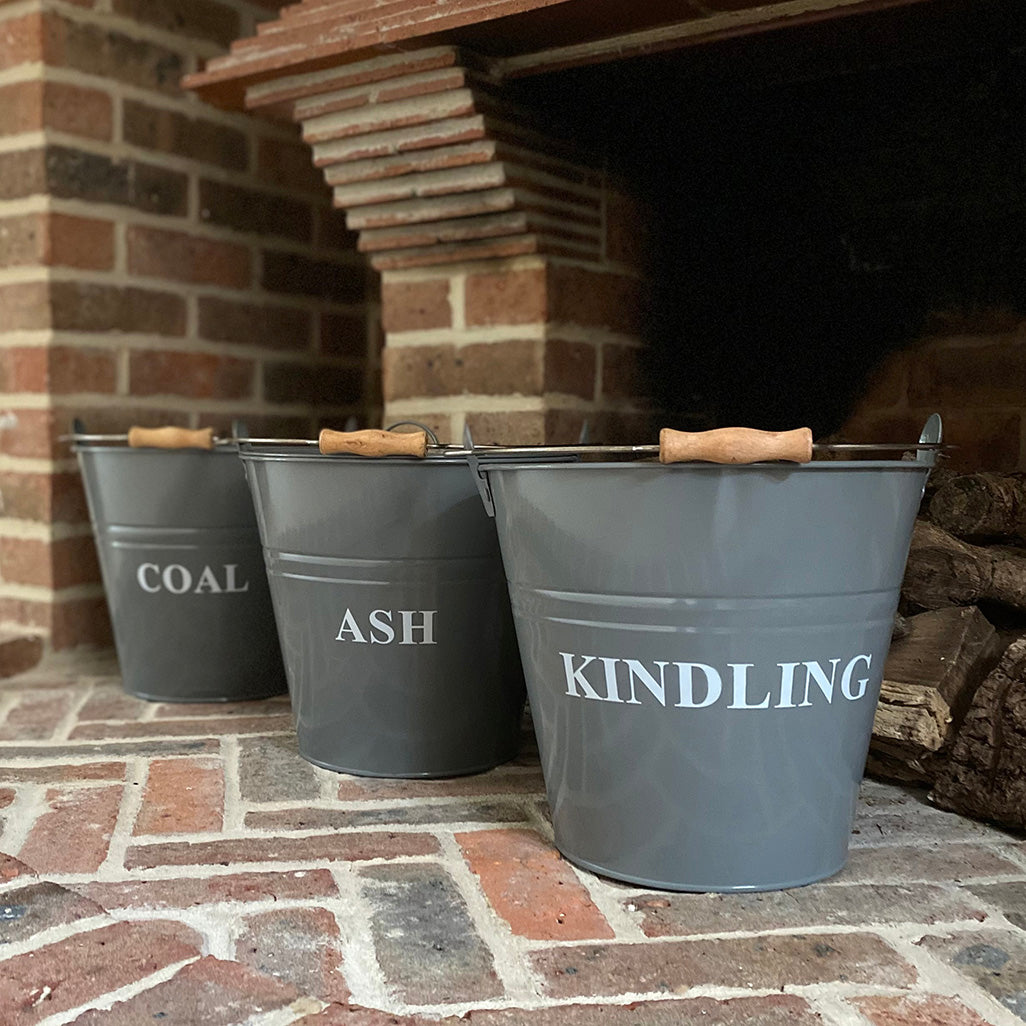 Metal Fireside Fireplace Buckets Ash, Coal And Kindling in French Grey (Set of 3)