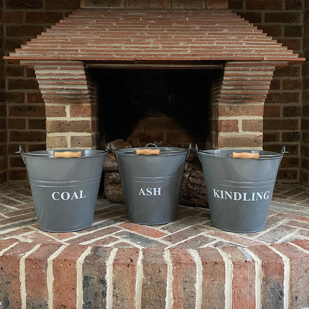 Metal Fireside Fireplace Buckets Ash, Coal And Kindling in French Grey (Set of 3)