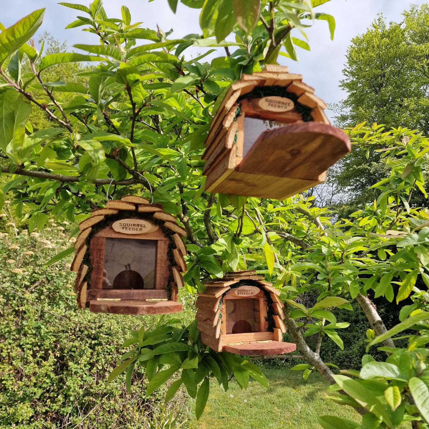 Wooden Hanging Garden Squirrel Feeders with Platform (Set of 3)