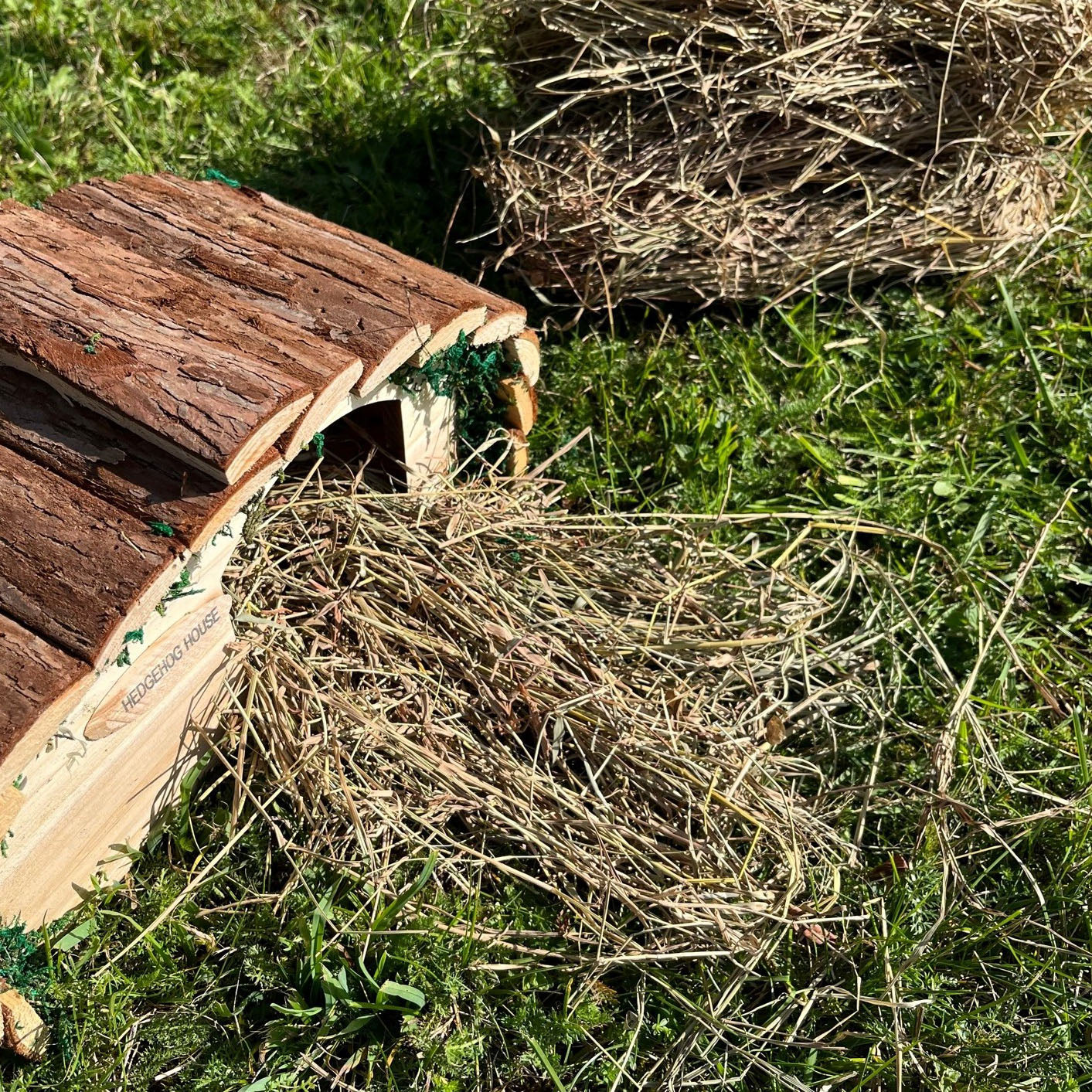 Wooden Hedgehog House Hogitat With Bark Roof & Nesting Straw