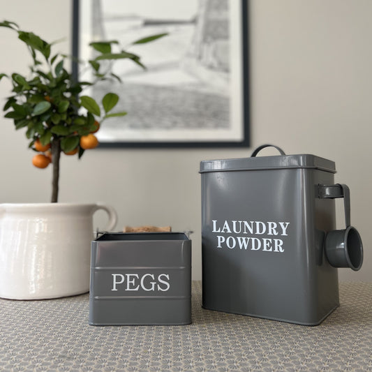 Laundry Powder and Peg Tins In French Grey