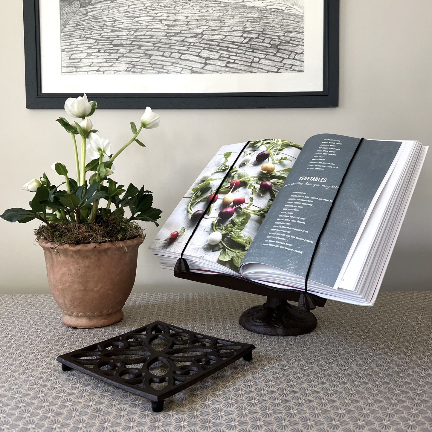 Traditional Cast Iron Ornate Cookbook Stand  & Square Trivet Set