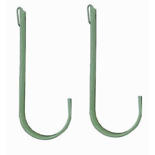 Two sage green metal replacement hangers for balcony hanging planters.