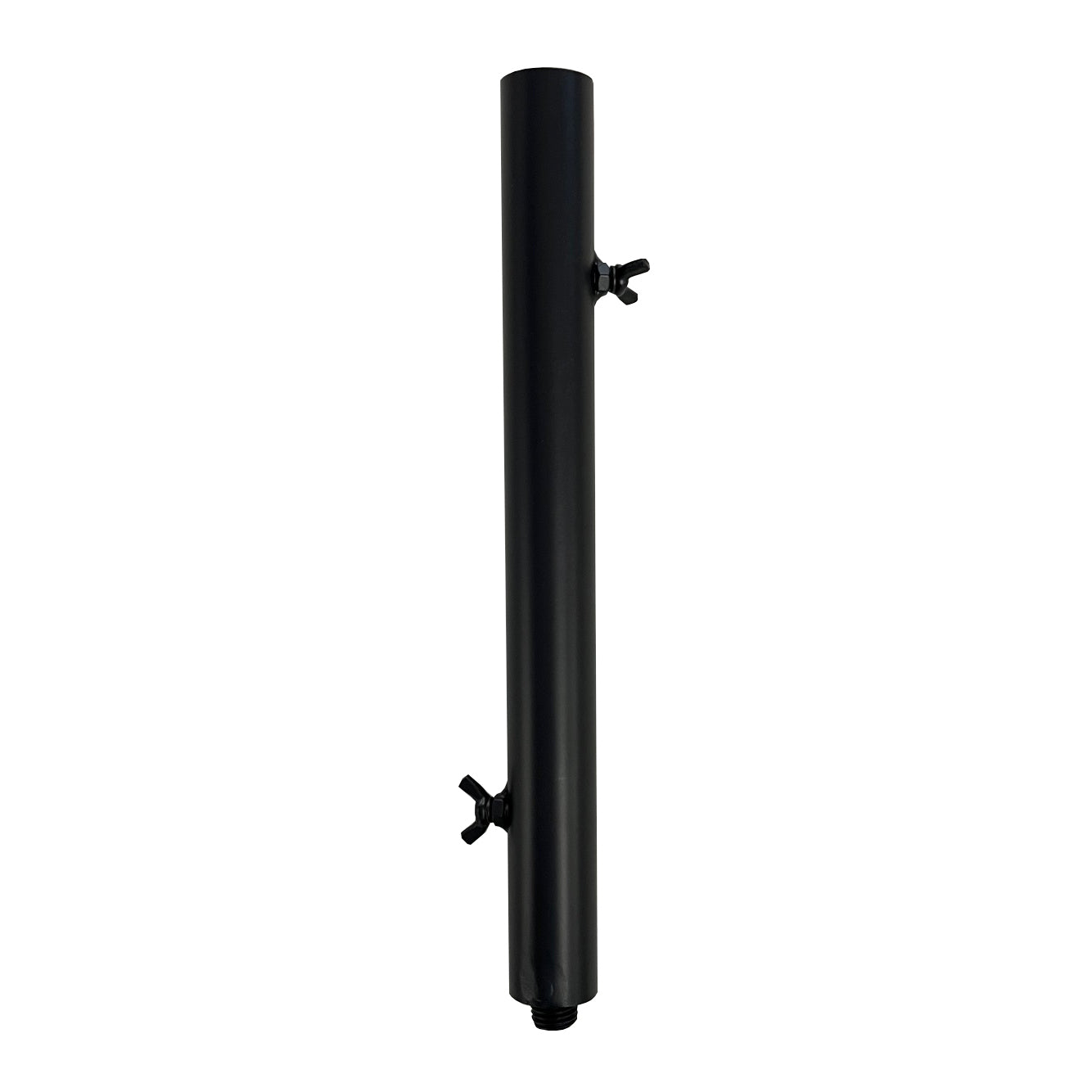 A black metal spare pole for a patio bird feeder stand with two mounting brackets.