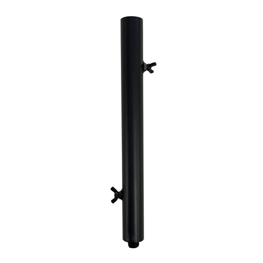 A black metal spare pole for a patio bird feeder stand with two mounting brackets.