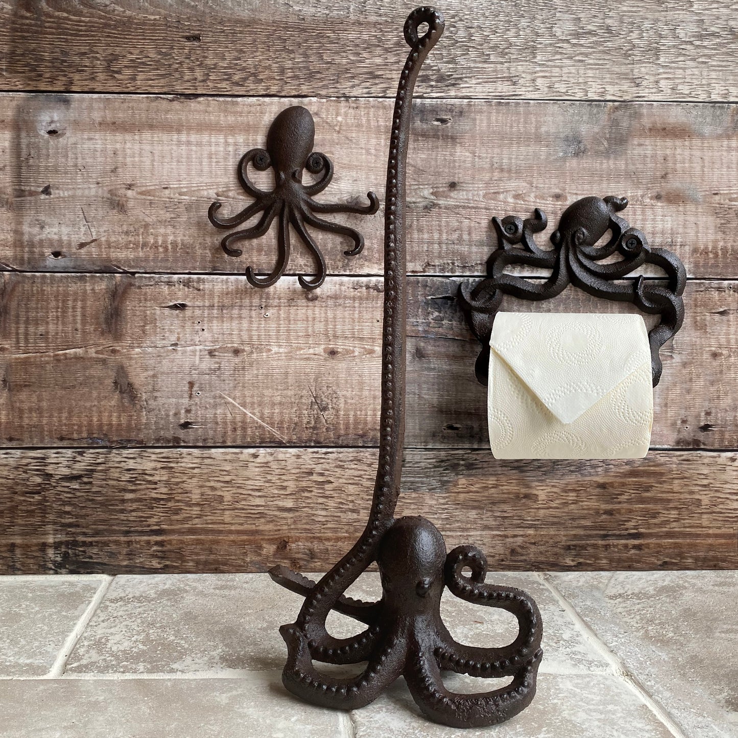 Cast Iron Octopus Wall Dispenser, Floor Loo Roll Holder & Wall Hook