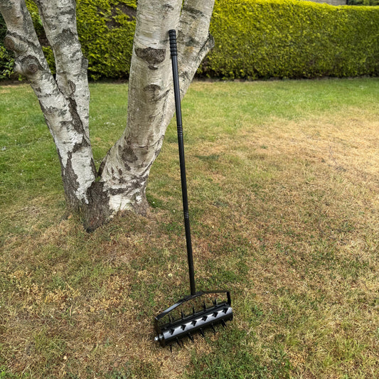 Black garden rake leaning against a tree on a grassy lawn