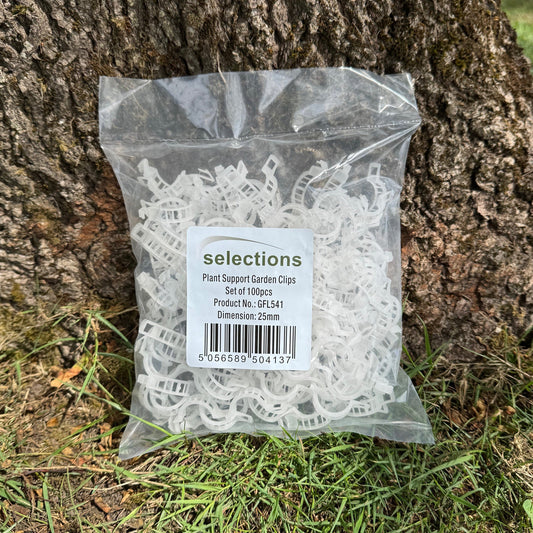 Bag of plant support garden clips labeled 'selections' on a tree trunk background