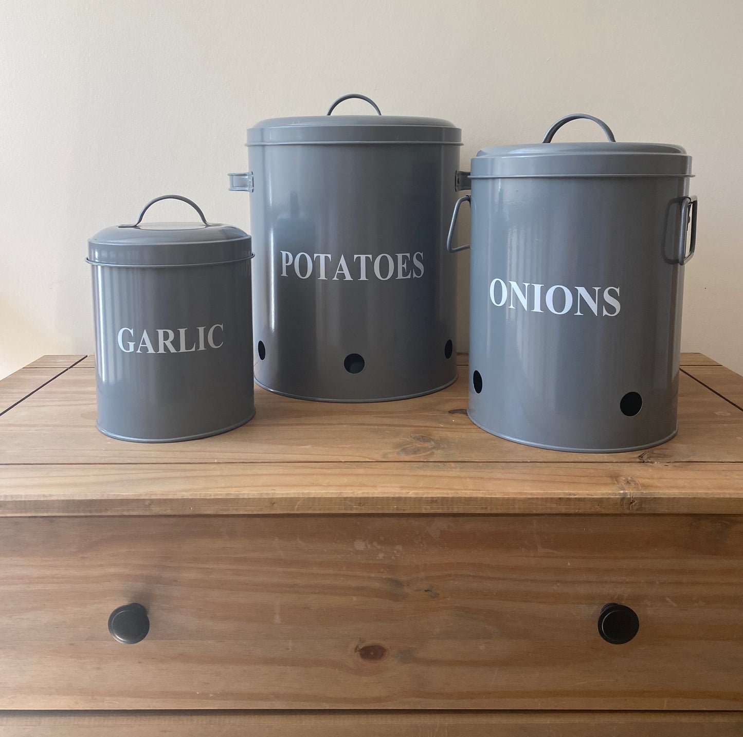 Set of 3 French Grey Kitchen Storage Tins for Potatoes, Onions and Garlic